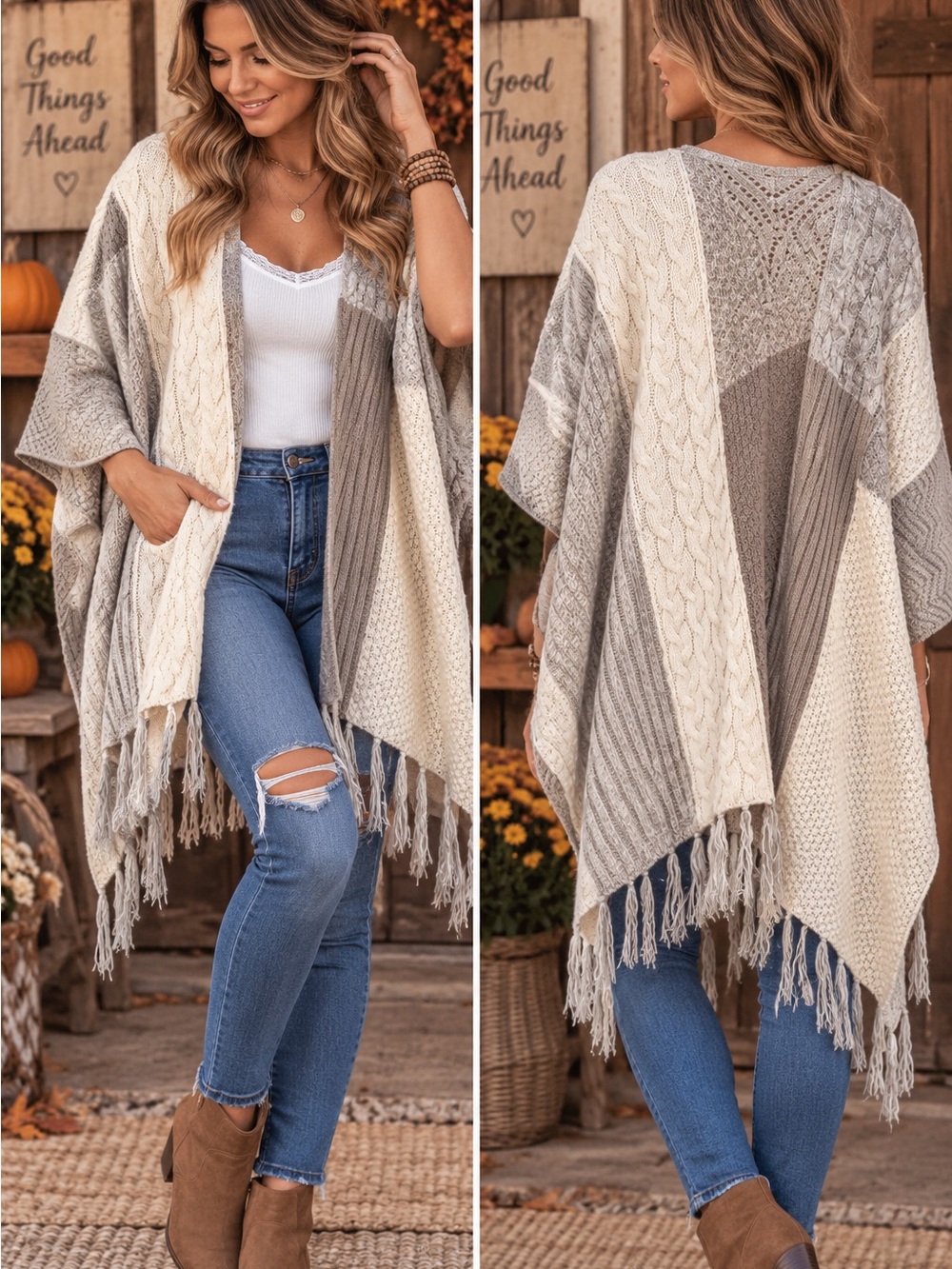 Knox Rose Cream & Gray Cable Knit Fringe Poncho